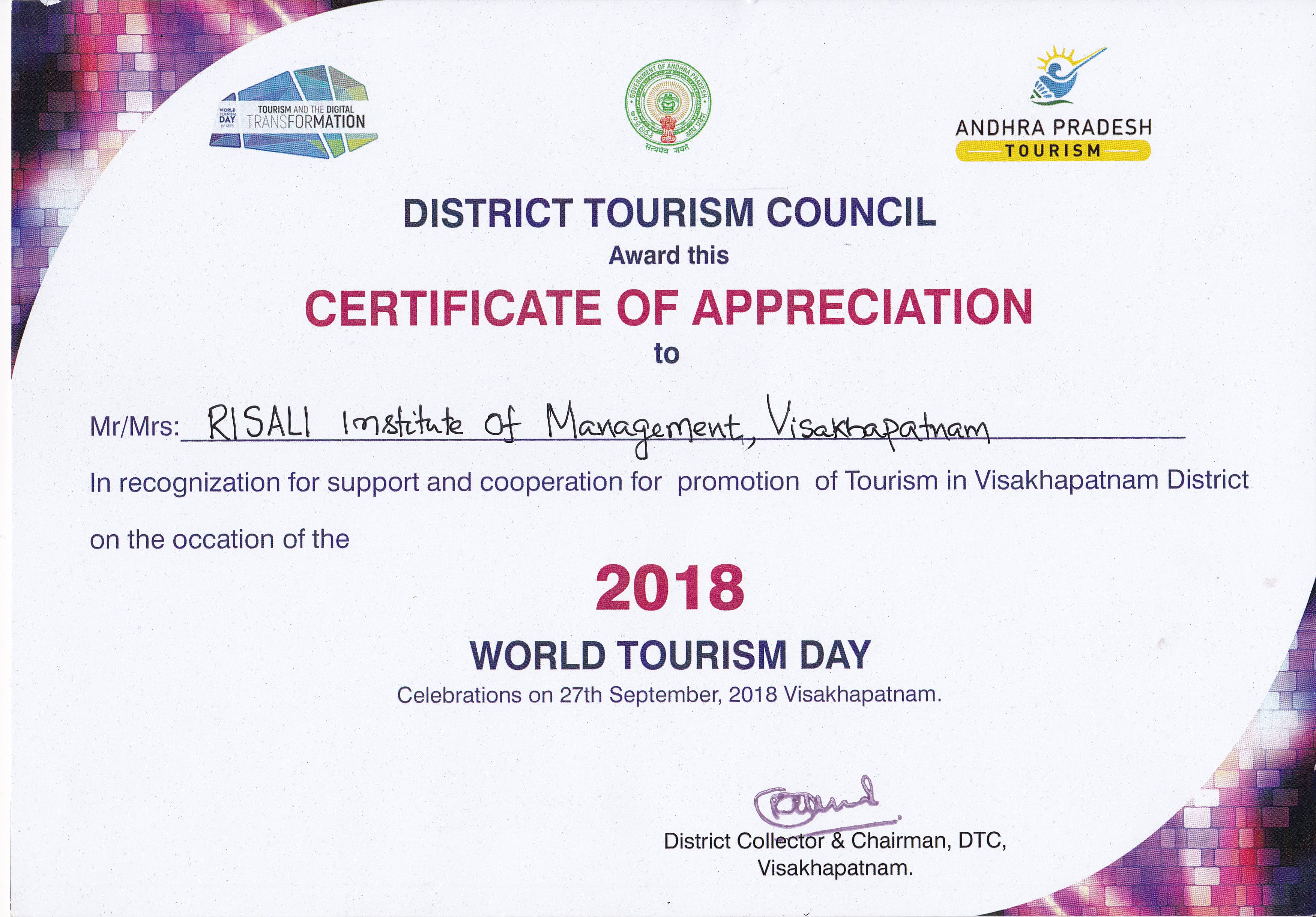 District  Tourism Council Award - Cert of Appreciation